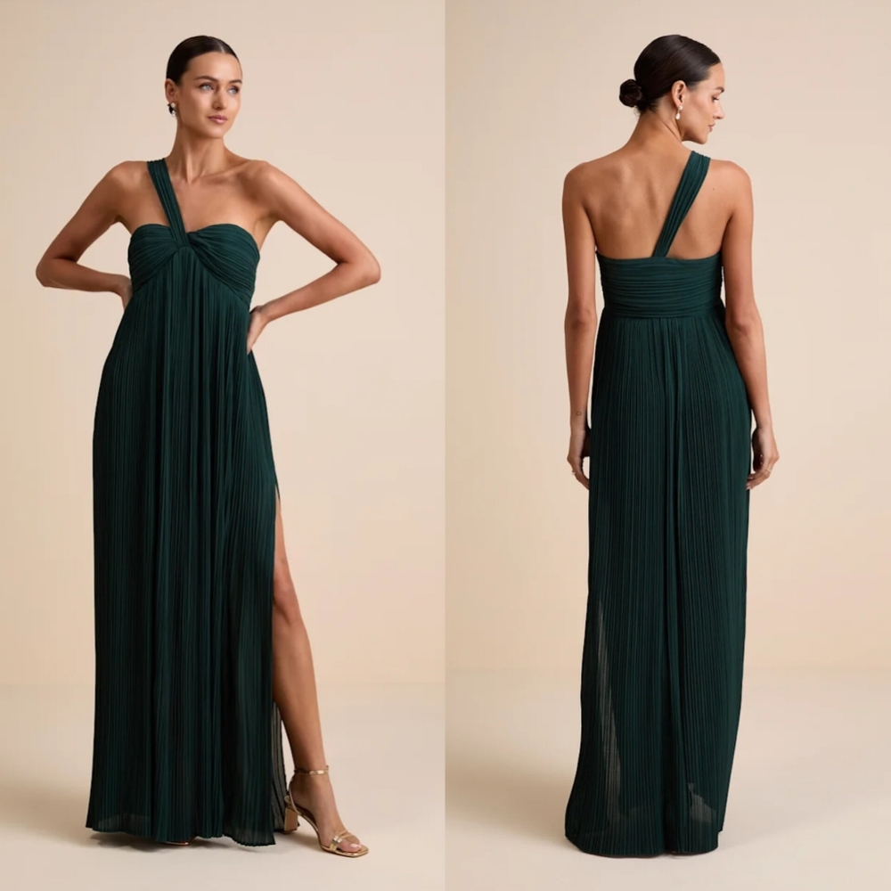 Lulus Cayton Emerald Pleated One-Shoulder Maxi Dress S Wedding Prom Party